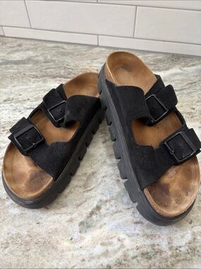 Papillio by Birkenstock Black Suede Double-Buckle Platform Sandals